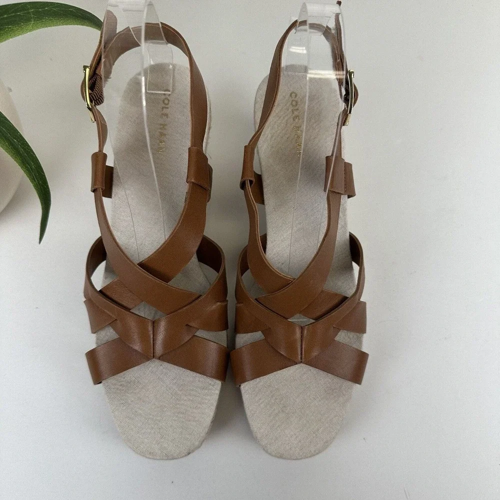 Cole Haan Grand 360 Crystal Espadrille Wedge Sandals Brown Leather Shoes Size 8B